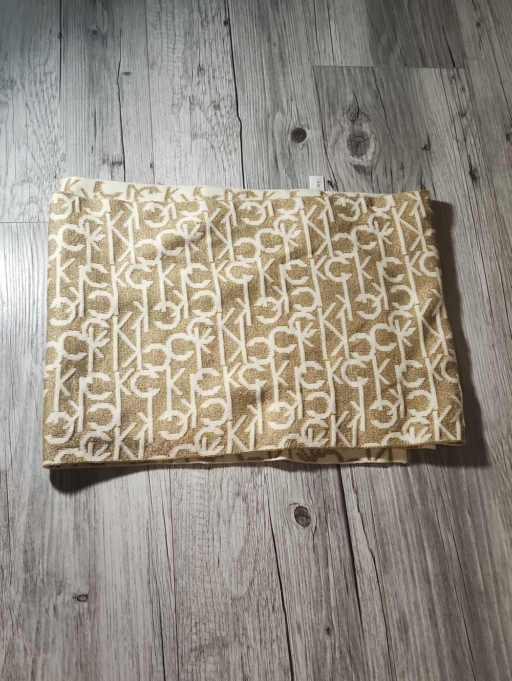 Calvin Klein Cream and Gold Logo Jacquard Scarf